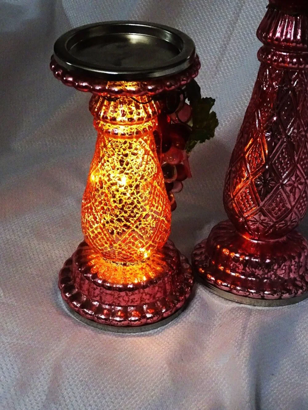 Pink Light  Up Glass Candlestick Holders with Glass Grapes